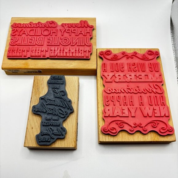 Set 3 Christmas Wooden Rubber Stamps Holiday Greetings Hampton Art Stampendous - Picture 7 of 10